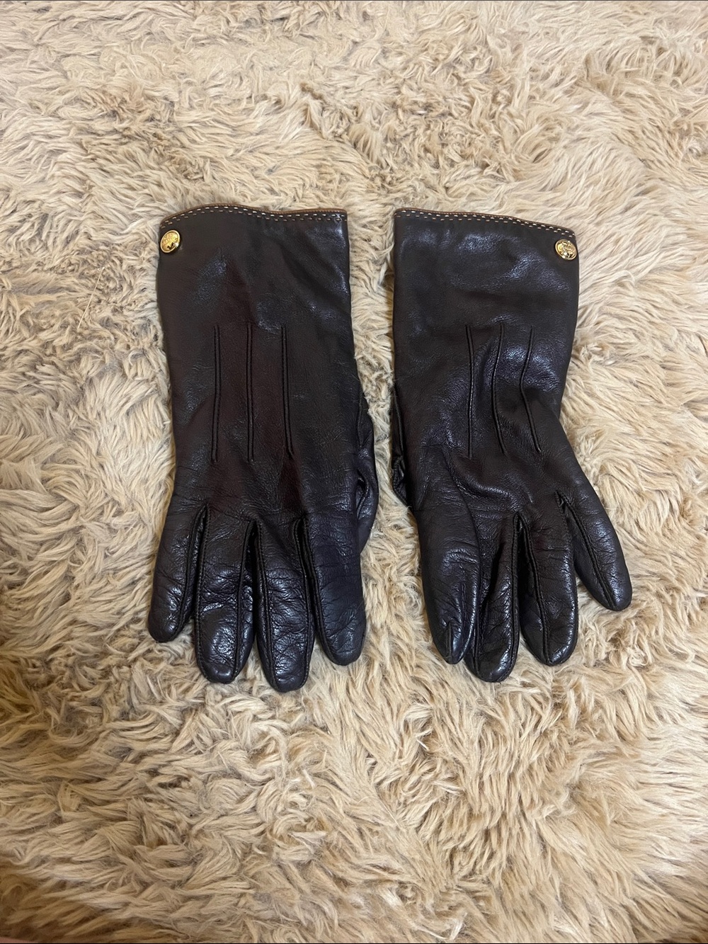 Coach Brown Leather Women's Gloves with Gold Button - Size 8
